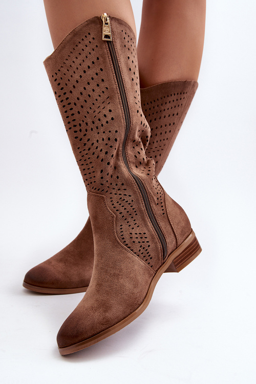 Ażurowe Kozaki Do Połowy Łydki Brązowe Kleorelia
