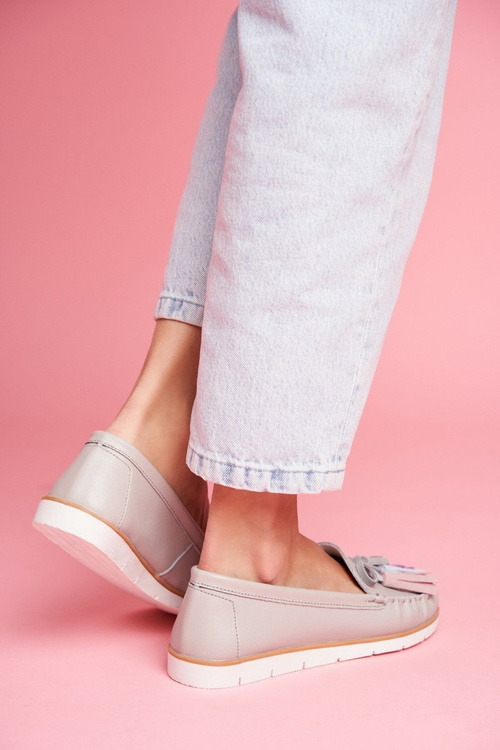 Mokasyny Damskie Skórzane Szare Bebbo