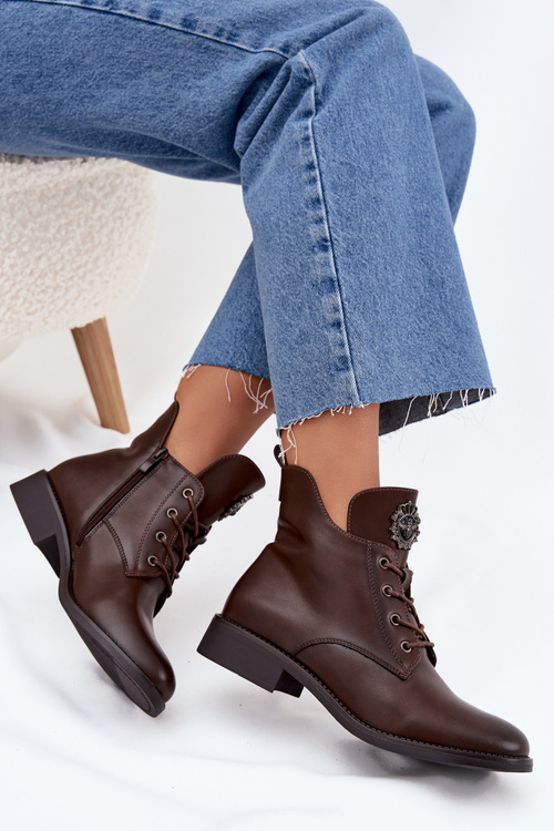 Niskie Botki Damskie Na Płaskim Obcasie Z Ozdobnym Detalem Ocieplane Brązowe Cylira