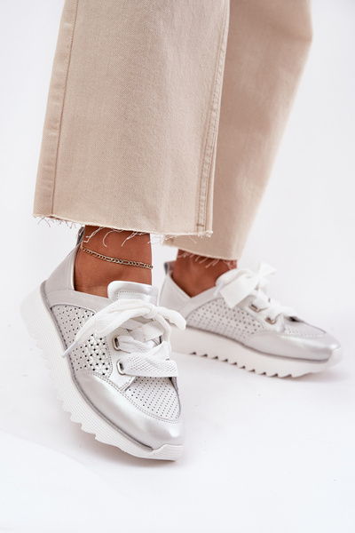 Skórzane Sneakersy Damskie Na Platformie D&A LR51-796 Srebrne