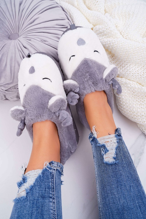 Papcie Damskie Z Futerkiem Renifery Szare Reindeer