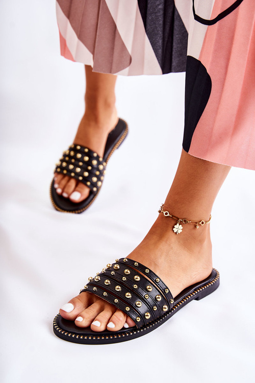 Damskie Skórzane Klapki Z Ozdobą Czarne Brien