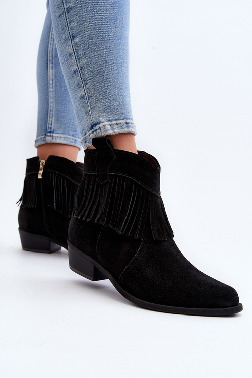 Zazoo 3430 Zamszowe Botki Damskie Z Frędzlami Czarne