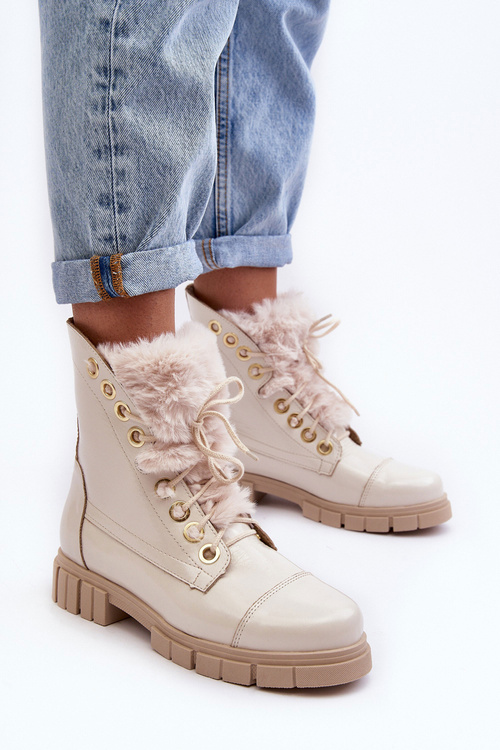 Skórzane Botki Damskie Z Futerkiem Jasnobeżowe Lewski 3296