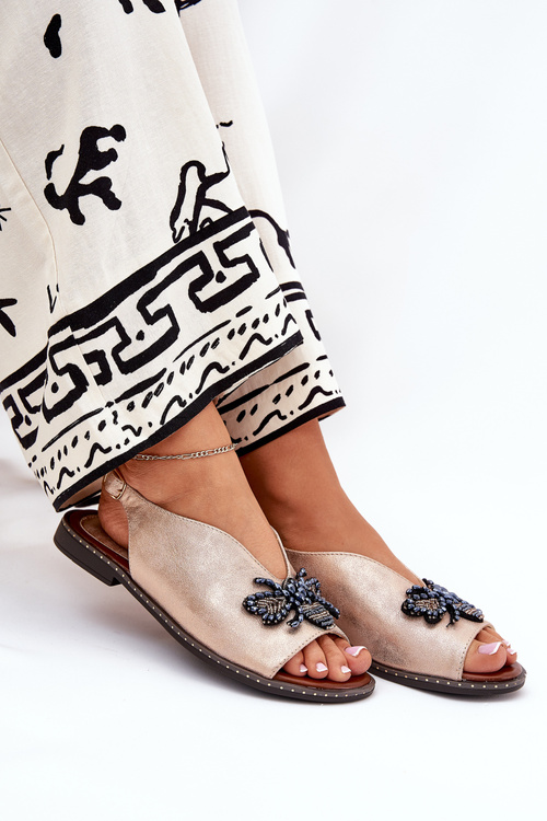 Połyskujące Sandały Damskie Z Ozdobą Płaskie Różowe Złoto Russona