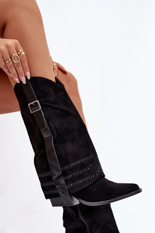 Kozaki Kowbojki Damskie Ze Zdobieniem I Klamrą Czarne Camilora