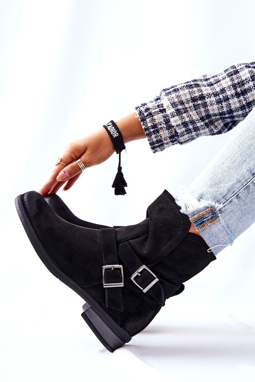 Zamszowe Botki Z Klamrami Czarne Renisse