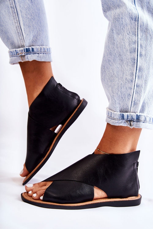 Damskie Skórzane Sandały Na Szeroką Stopę Czarne Catalise