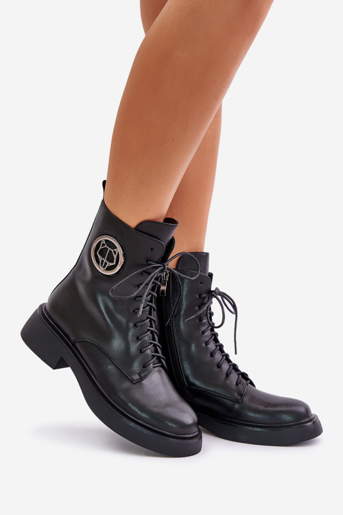 Skórzane Botki Workery Ocieplane Na Zamek Z Ozdobą Czarne Lorevine