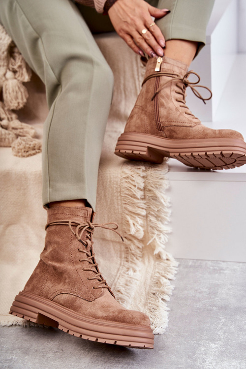 Damskie Zamszowe Botki Wiązane Camel Afra