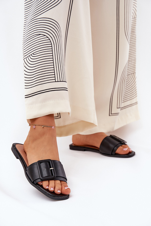 Płaskie Klapki Damskie Eko Skórzane Z Klamrą Czarne Bamma