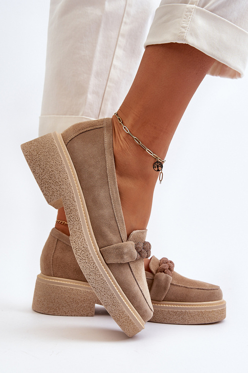 Zazoo 3429/W Damskie Zamszowe Mokasyny Z Ozdobą Beżowe