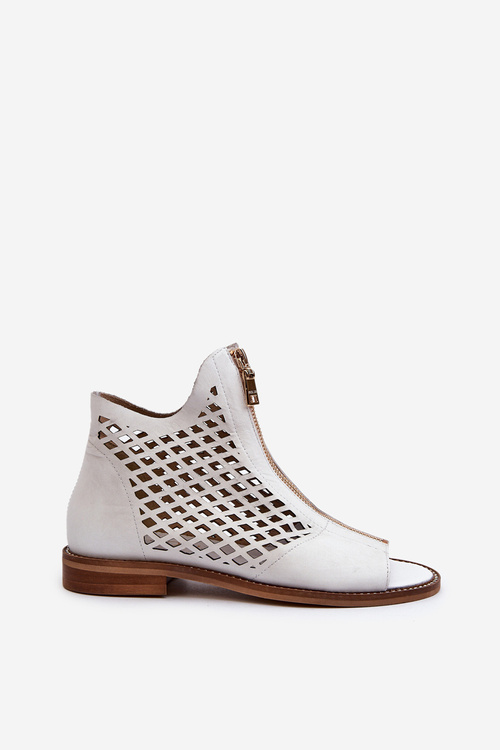 Zazoo 977/L Skórzane Ażurowe Sandały Na Zamek Białe