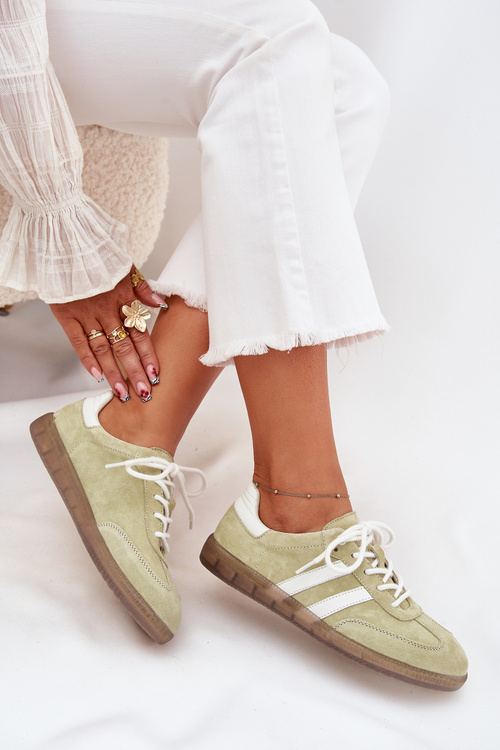 Niskie Skórzane Sneakersy Damskie Limonkowe Ismina