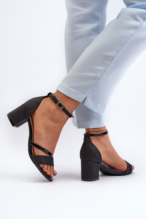 Brokatowe Sandały Damskie Na Niskim Słupku Czarne Ploemis