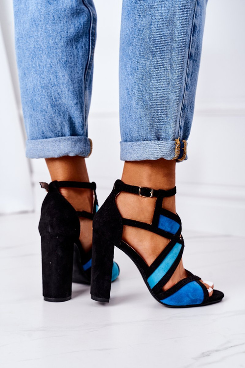 Zamszowe Sandały Na Słupku Czarno-Niebieskie Emolly