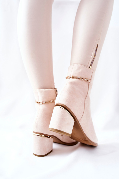 Damskie Zamszowe Botki Na Słupku Beżowe One Step