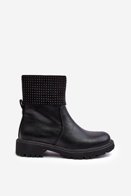 Damskie Botki Na Płaskim Obcasie Ze Zdobieniem Czarne Zanidite