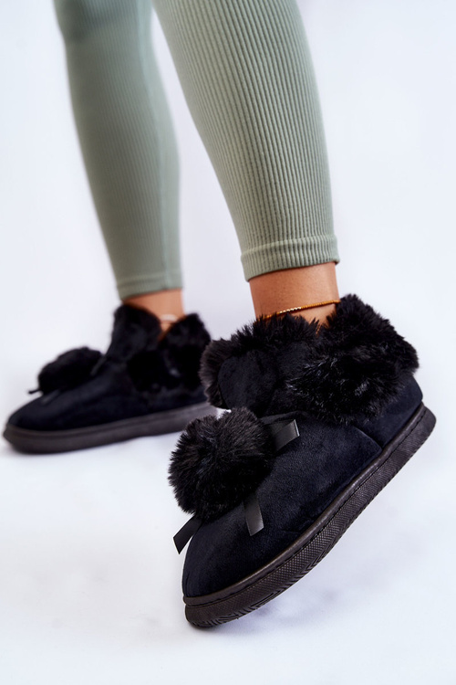 Damskie Wsuwane Futrzane Papcie Z Pomponem Czarne Noemi