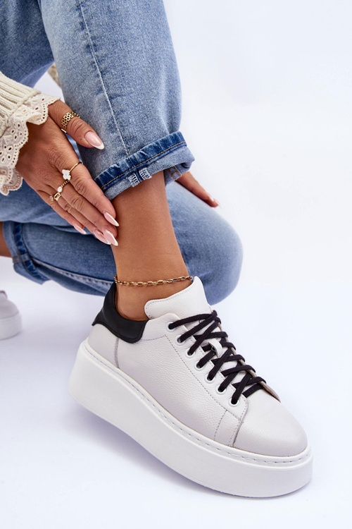 Damskie Buty Sportowe Skórzane na Platformie Biało-Czarne Lemar 10150