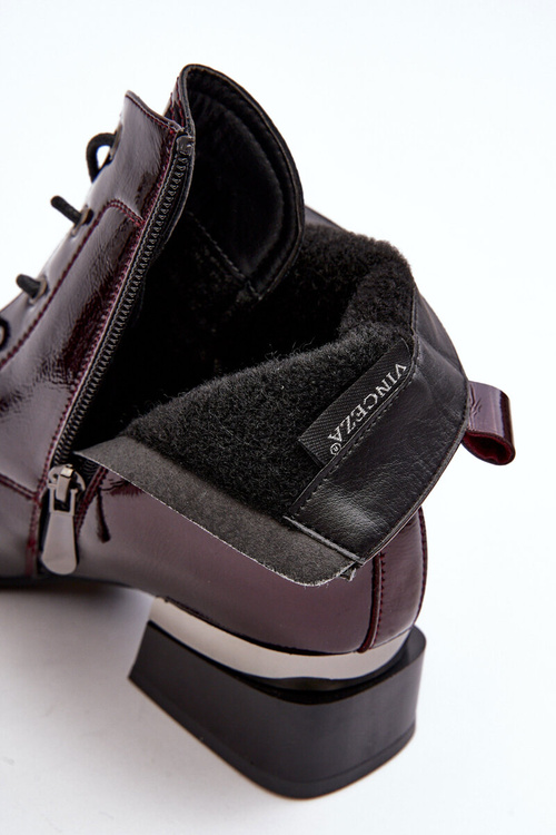 Lakierowane Ocieplane Botki Na Suwak Bordowe Achonia