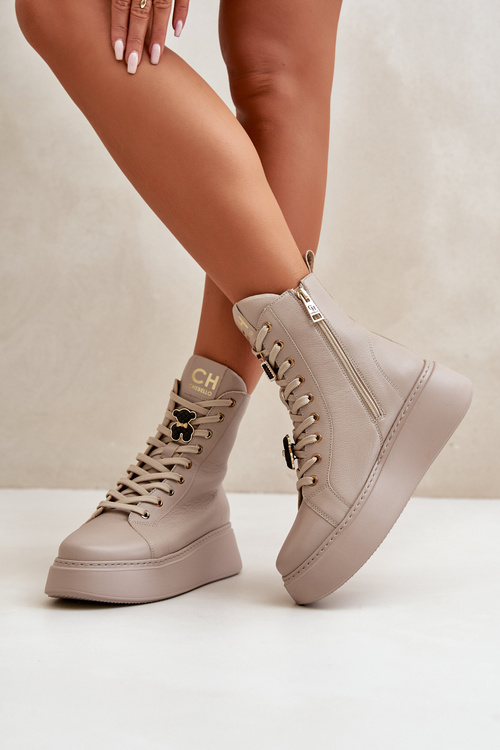 Damskie Skórzane Botki Workery Z Przypinkami Beżowe CheBello 4294