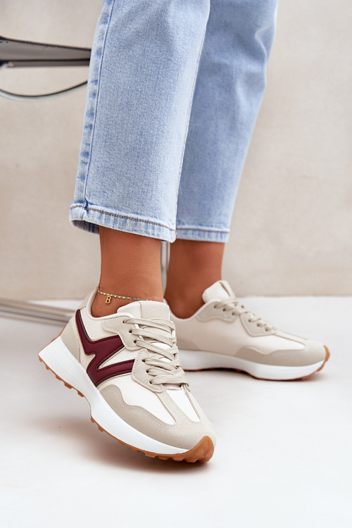 Buty Sportowe Sneakersy Damskie Beżowo-Bordowe Britma