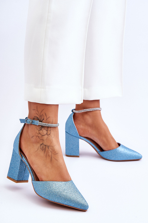 Eleganckie Błyszczące Czółenka Z Dżetami Niebieskie Magic