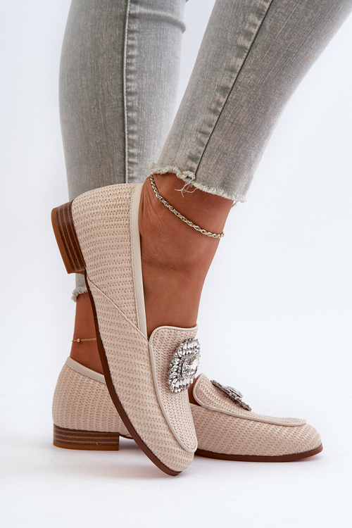 Mokasyny Damskie Na Płaskim Obcasie Z Broszką Beżowe D&A MR38-676