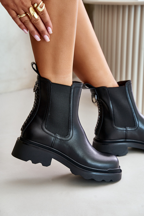 Skórzane Botki Sztyblety Z Ozdobnym Łańcuchem Ocieplane D&A JC42-86 Czarne