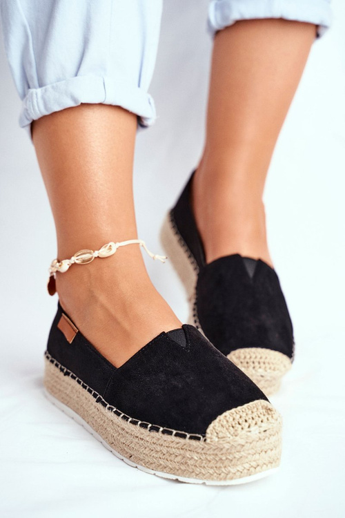 Espadryle Damskie Na Platformie Lniane Czarne La Playa