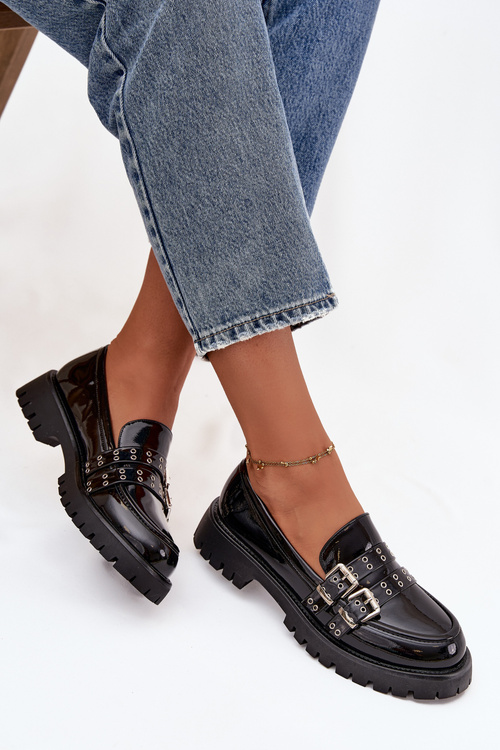 Mokasyny Damskie Lakierowane Z Paskami I Srebrnymi Klamrami Czarne Gabrisse