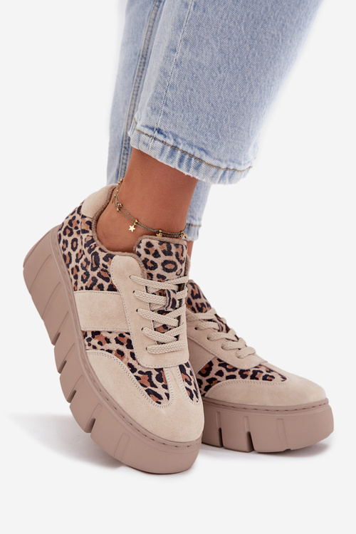 Zamszowe Ocieplane Sneakersy Damskie Na Masywnej Platformie Vinceza 66841 Panterka Beżowe