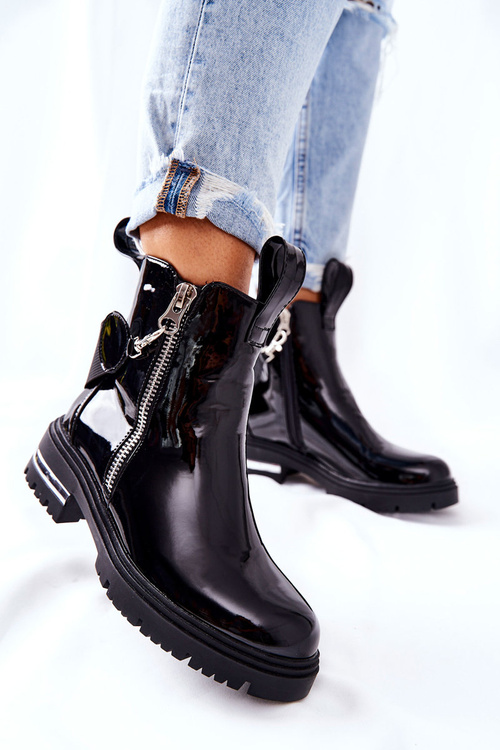 Skórzane Lakierowane Botki Z Suwakiem Czarne Cortona