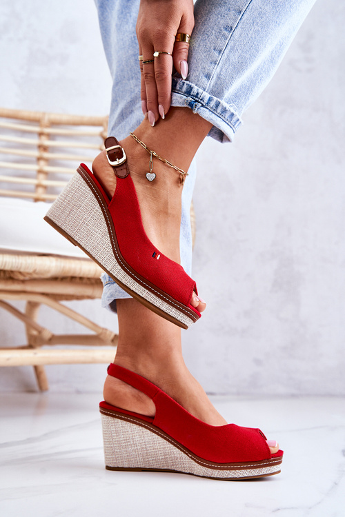 Damskie Wygodne Sandały Na Koturnie Czerwone Thallas