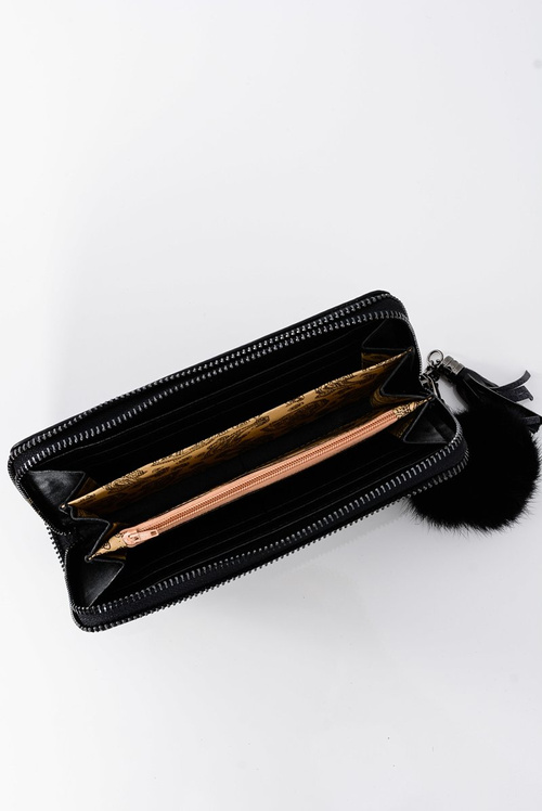 Damski Duży Portfel Ozdobny Zamek Brelok Pompon Czarny