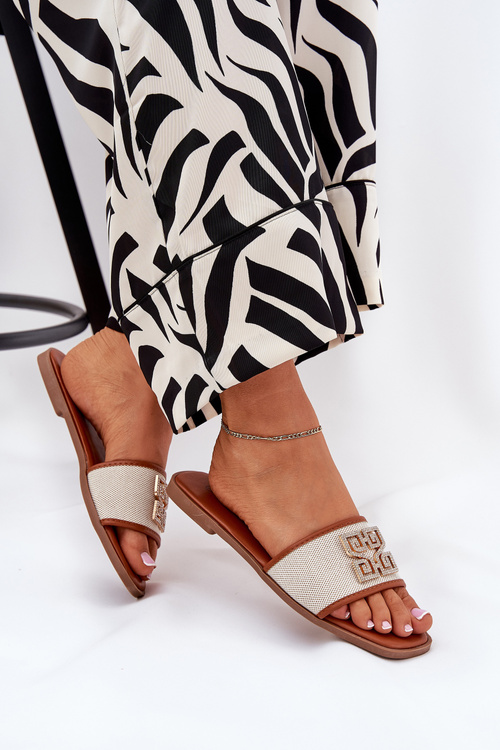 Eleganckie Klapki Damskie Z Ozdobą Na Płaskim Obcasie Camel Lovehia