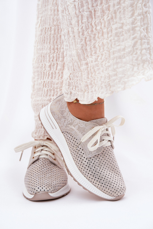 Skórzane Lekkie Półbuty Damskie Na Platformie Artiker 56C2113 Beżowo-Złote