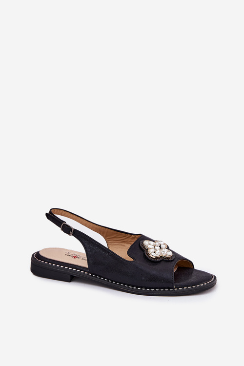 Sandały Damskie Na Płaskim Obcasie Z Ozdobnym Detalem S.Barski KV51-080 Czarne