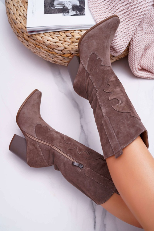 Kozaki Damskie Na Słupku Kowbojki Cappuccino Brunt