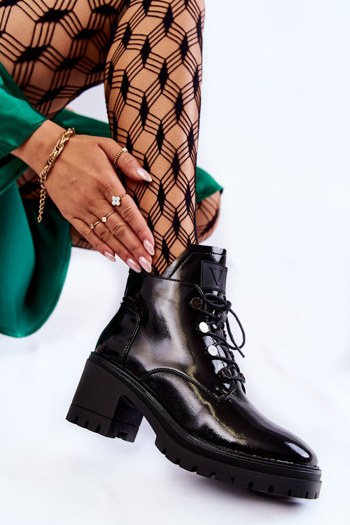 Lakierowane Ocieplane Botki Sznurowane Czarne Ragnhild
