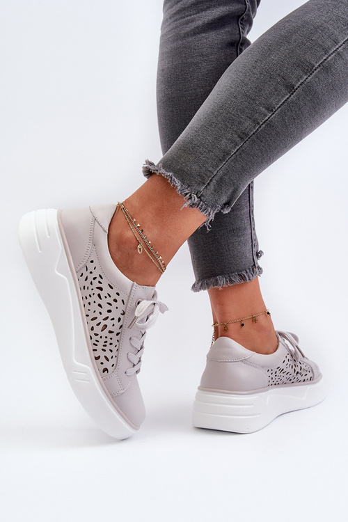 Ażurowe Sneakersy Damskie Na Platformie Skórzane Szare Peilaeno