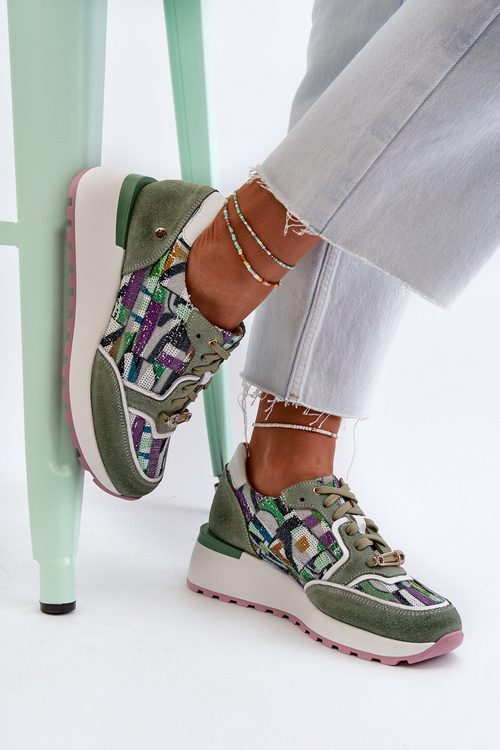 Skórzane Sneakersy Damskie Na Platformie Maciejka 06390-09 Seledynowe