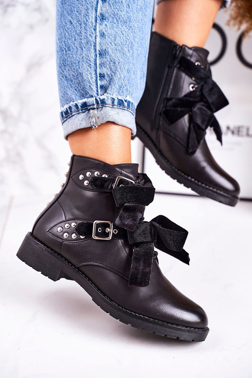 Damskie Ocieplane Botki Z Klamrami I Wstążką Czarne Special