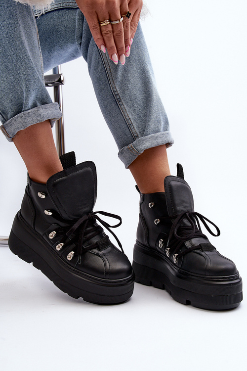 Zazoo 3416 Skórzane Damskie Buty Sportowe Czarne