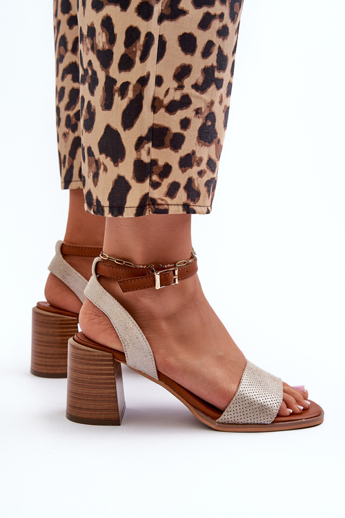 Sandały Damskie Na Słupku Z Eko Zamszu Złote Ronvia