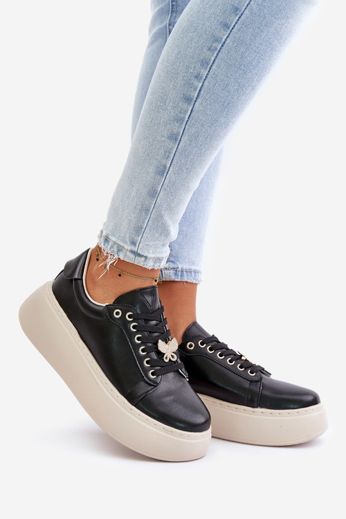 Skórzane Sneakersy Damskie Na Platformie Z Przypinką Vinceza 89101 Czarne