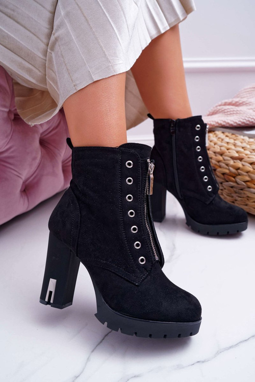 Botki Damskie Na Słupku Ozdobny Suwak Zamsz Czarne Imagine
