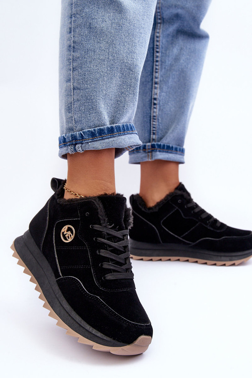 Ocieplane Skórzane Buty Sportowe Na Platformie Czarne Adite