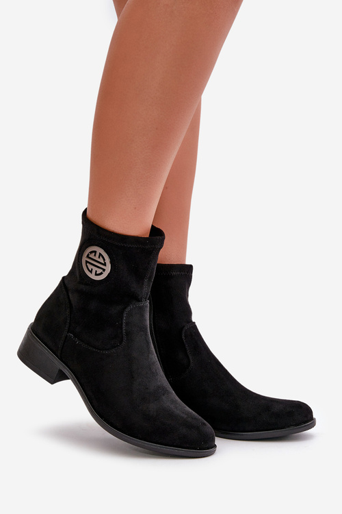 Botki Damskie Zapinane Na Zamek Z Ozdobnym Detalem Eko Zamszowe Czarne Lerioria